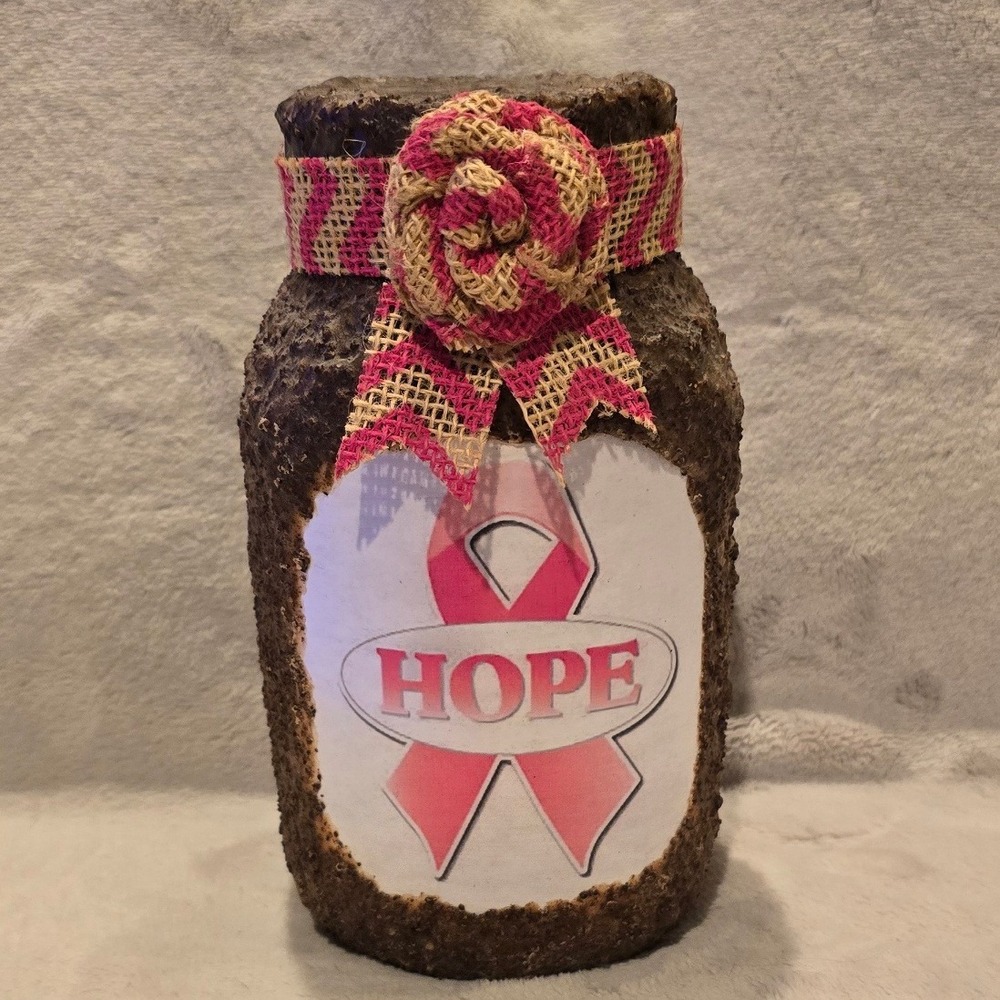 Rustic Breast‎ Cancer Awareness Hope Decorative Jar Pink Ribbon Burlap Flower
